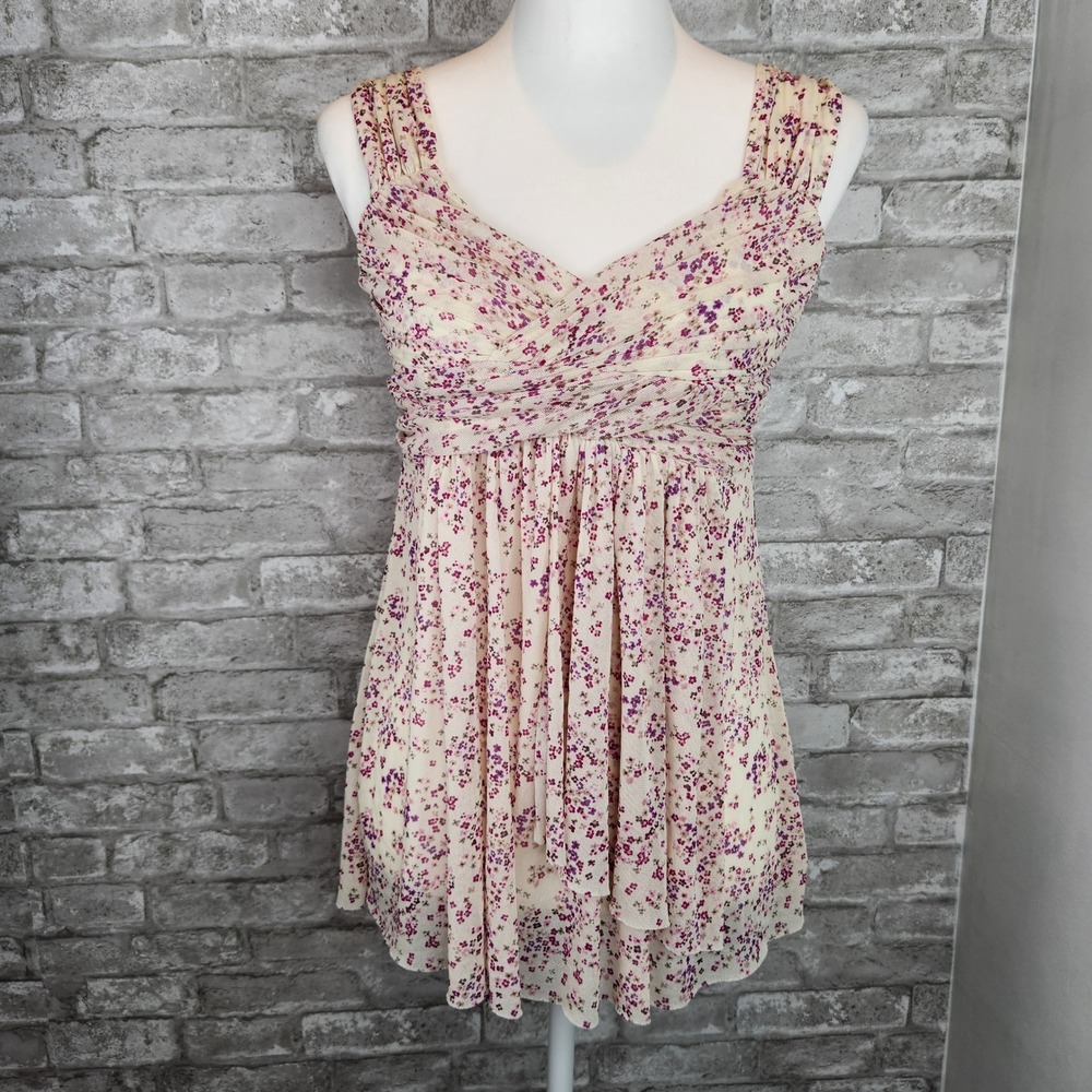 Express Babydoll Top Cream Purple Floral Mesh Y2K‎ Romantic Cottagecore Small